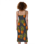 Grey Watercolor Pineapple Pattern Print Slim Fit Midi Cami Dress