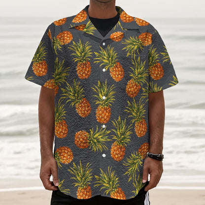 Grey Watercolor Pineapple Pattern Print Textured Short Sleeve Shirt