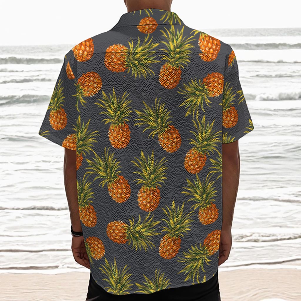 Grey Watercolor Pineapple Pattern Print Textured Short Sleeve Shirt