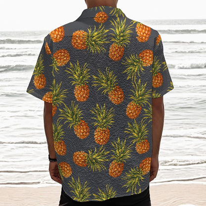 Grey Watercolor Pineapple Pattern Print Textured Short Sleeve Shirt