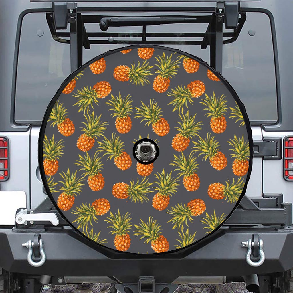 Grey Watercolor Pineapple Pattern Print Tire Cover With Camera Hole