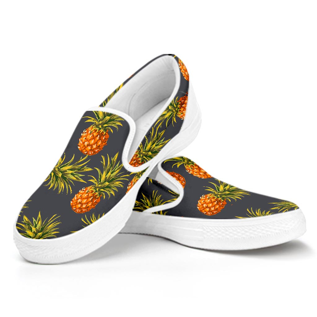 Grey Watercolor Pineapple Pattern Print White Slip On Sneakers