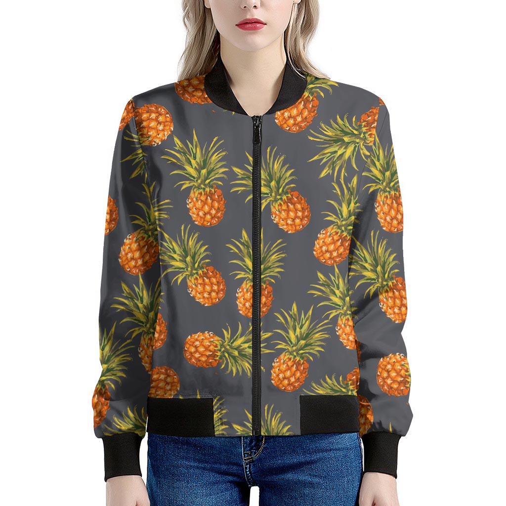 Grey Watercolor Pineapple Pattern Print Women's Bomber Jacket