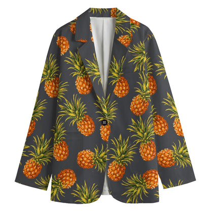 Grey Watercolor Pineapple Pattern Print Women's Cotton Blazer