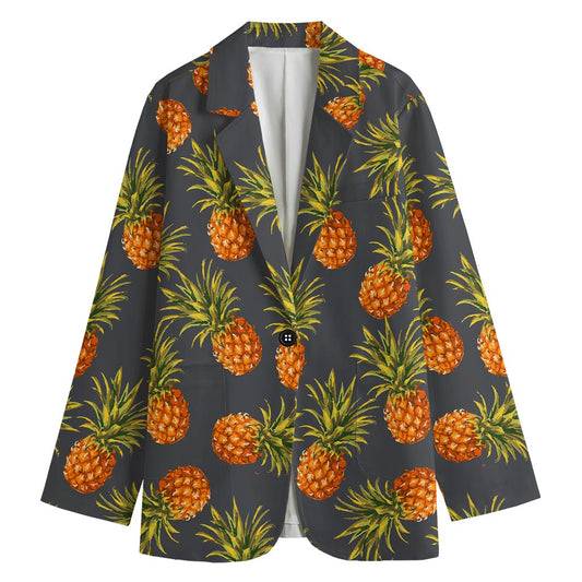 Grey Watercolor Pineapple Pattern Print Women's Cotton Blazer