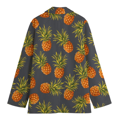 Grey Watercolor Pineapple Pattern Print Women's Cotton Blazer