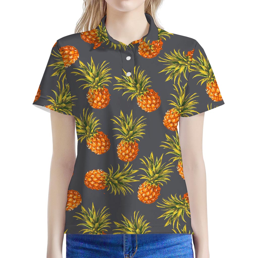 Grey Watercolor Pineapple Pattern Print Women's Polo Shirt