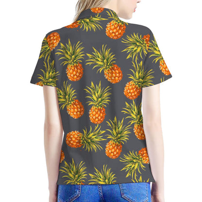 Grey Watercolor Pineapple Pattern Print Women's Polo Shirt