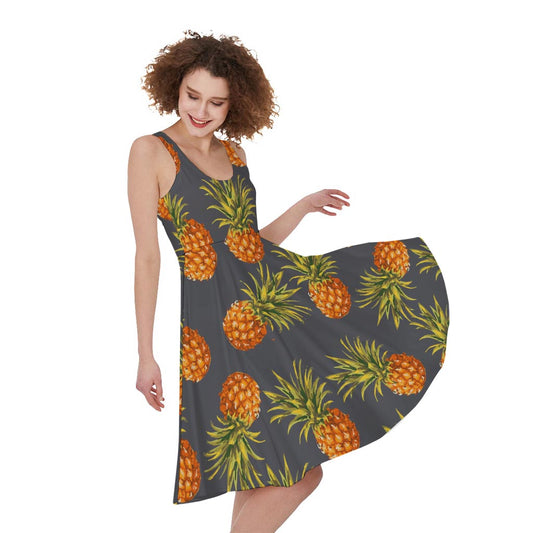 Grey Watercolor Pineapple Pattern Print Women's Sleeveless Dress