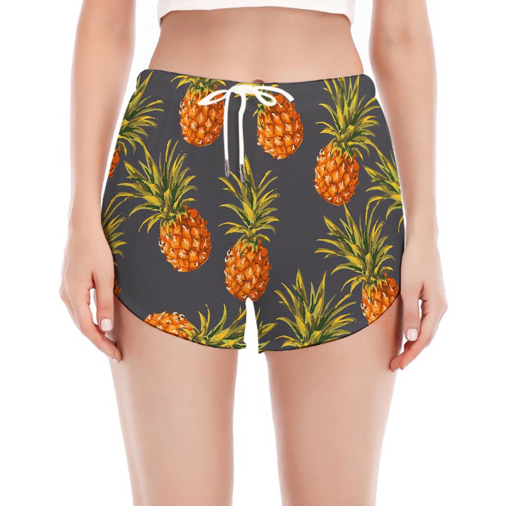 Grey Watercolor Pineapple Pattern Print Women's Split Running Shorts