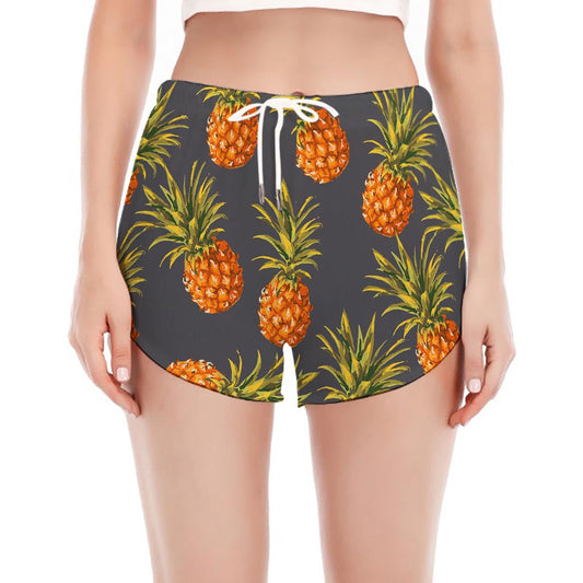 Grey Watercolor Pineapple Pattern Print Women's Split Running Shorts