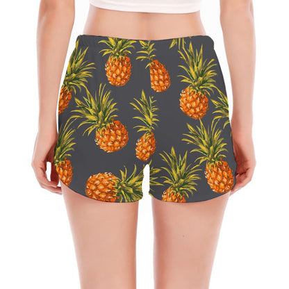 Grey Watercolor Pineapple Pattern Print Women's Split Running Shorts