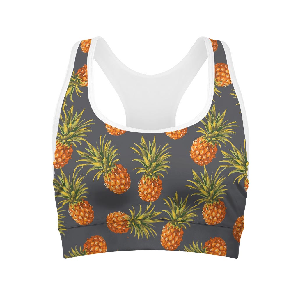 Grey Watercolor Pineapple Pattern Print Women's Sports Bra