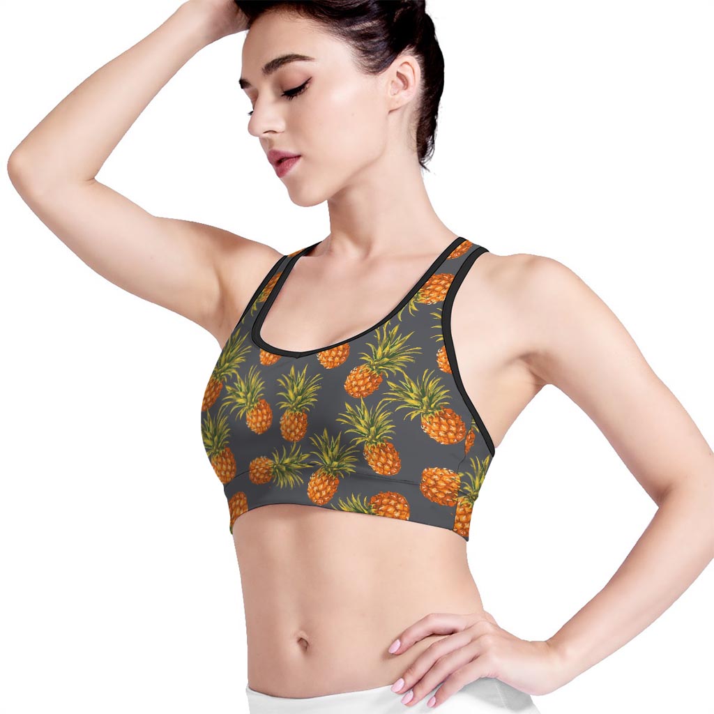 Grey Watercolor Pineapple Pattern Print Women's Sports Bra