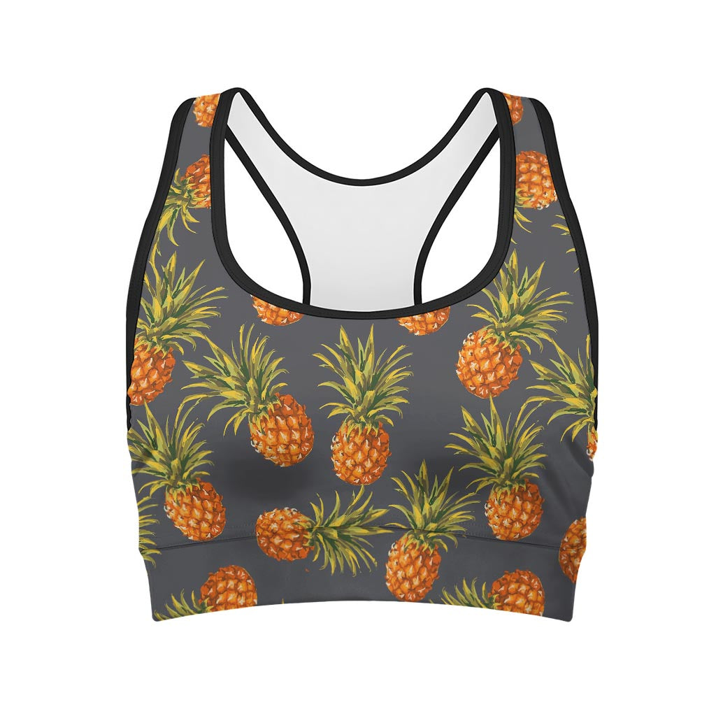Grey Watercolor Pineapple Pattern Print Women's Sports Bra