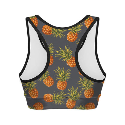 Grey Watercolor Pineapple Pattern Print Women's Sports Bra