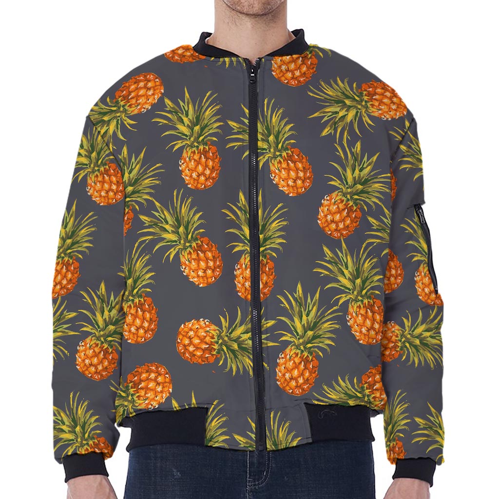 Grey Watercolor Pineapple Pattern Print Zip Sleeve Bomber Jacket