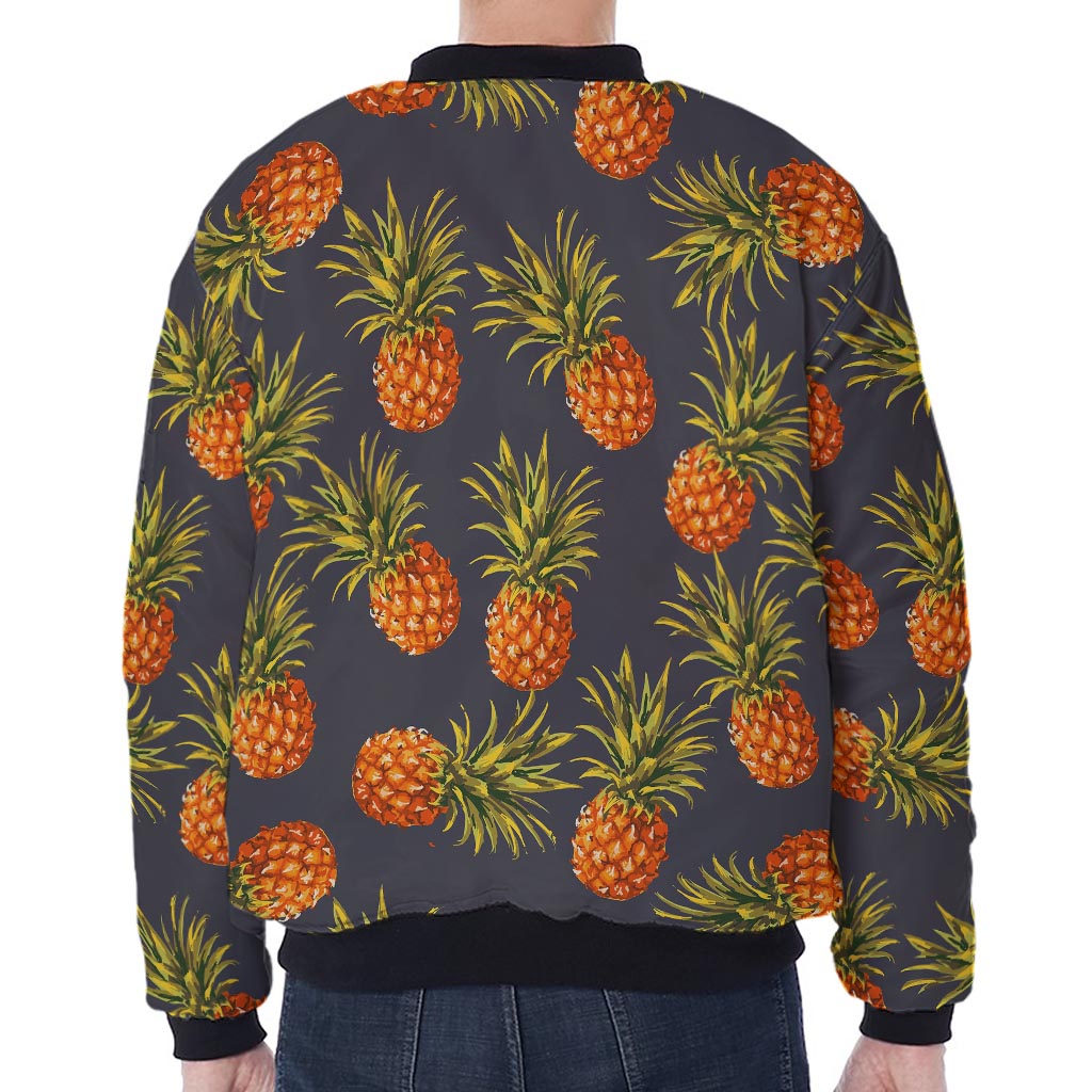 Grey Watercolor Pineapple Pattern Print Zip Sleeve Bomber Jacket