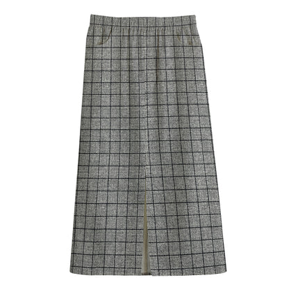Grey Windowpane Pattern Print Cotton Front Slit Maxi Skirt
