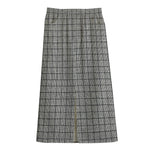 Grey Windowpane Pattern Print Cotton Front Slit Maxi Skirt