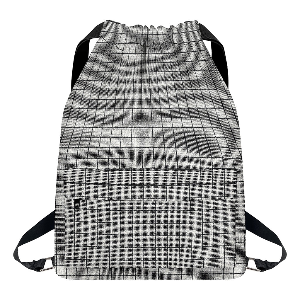 Grey Windowpane Pattern Print Drawstring Backpack
