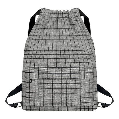 Grey Windowpane Pattern Print Drawstring Backpack
