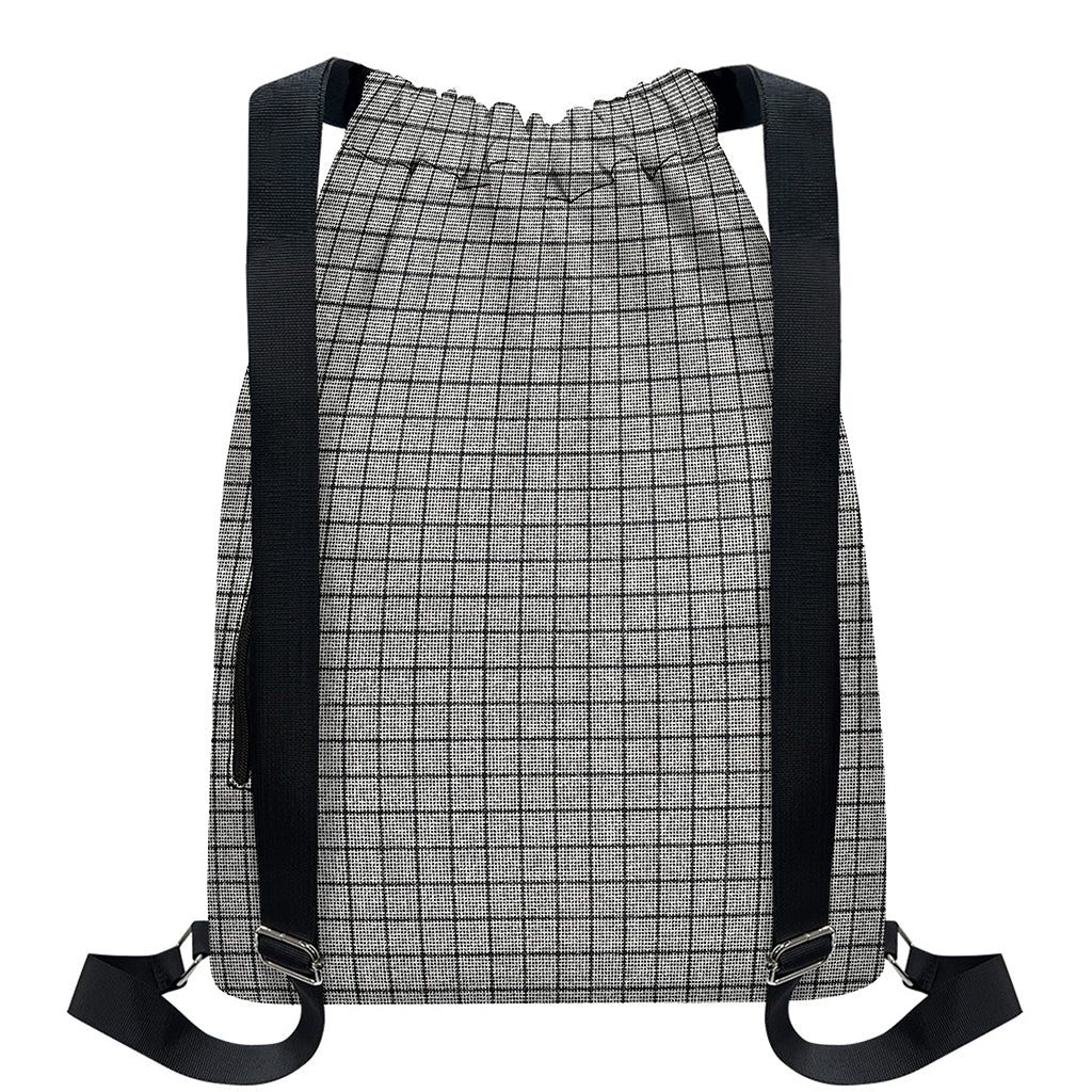 Grey Windowpane Pattern Print Drawstring Backpack