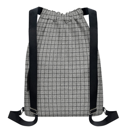 Grey Windowpane Pattern Print Drawstring Backpack