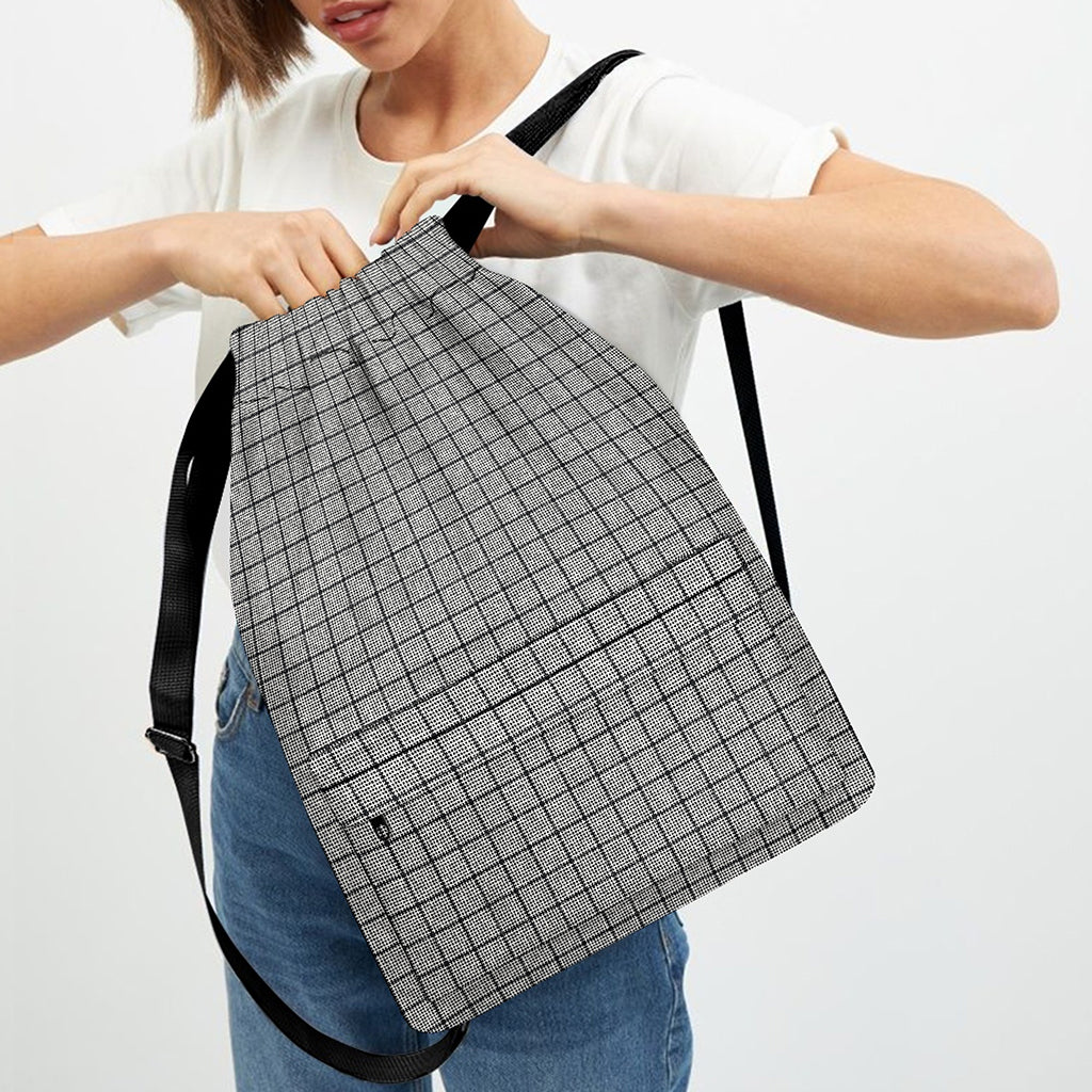 Grey Windowpane Pattern Print Drawstring Backpack