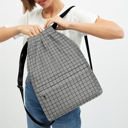 Grey Windowpane Pattern Print Drawstring Backpack