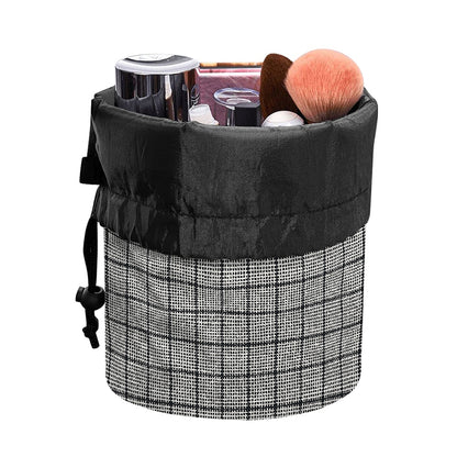 Grey Windowpane Pattern Print Drawstring Makeup Bag