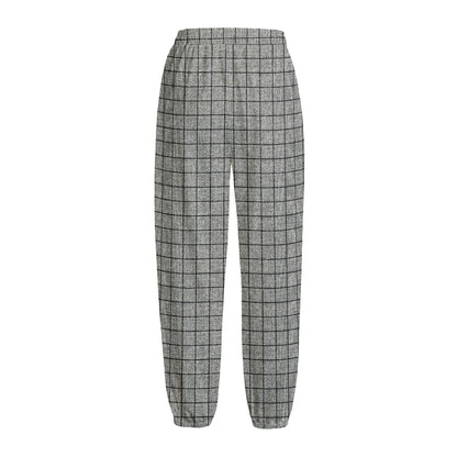 Grey Windowpane Pattern Print Fleece Lined Knit Pants