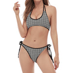 Grey Windowpane Pattern Print Halter Scoop Tie Side Bikini