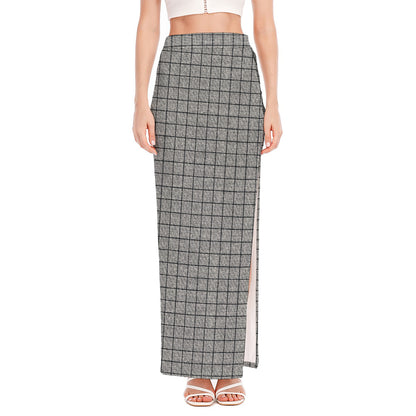 Grey Windowpane Pattern Print High Slit Maxi Skirt