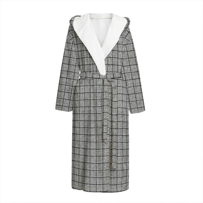 Grey Windowpane Pattern Print Hooded Bathrobe