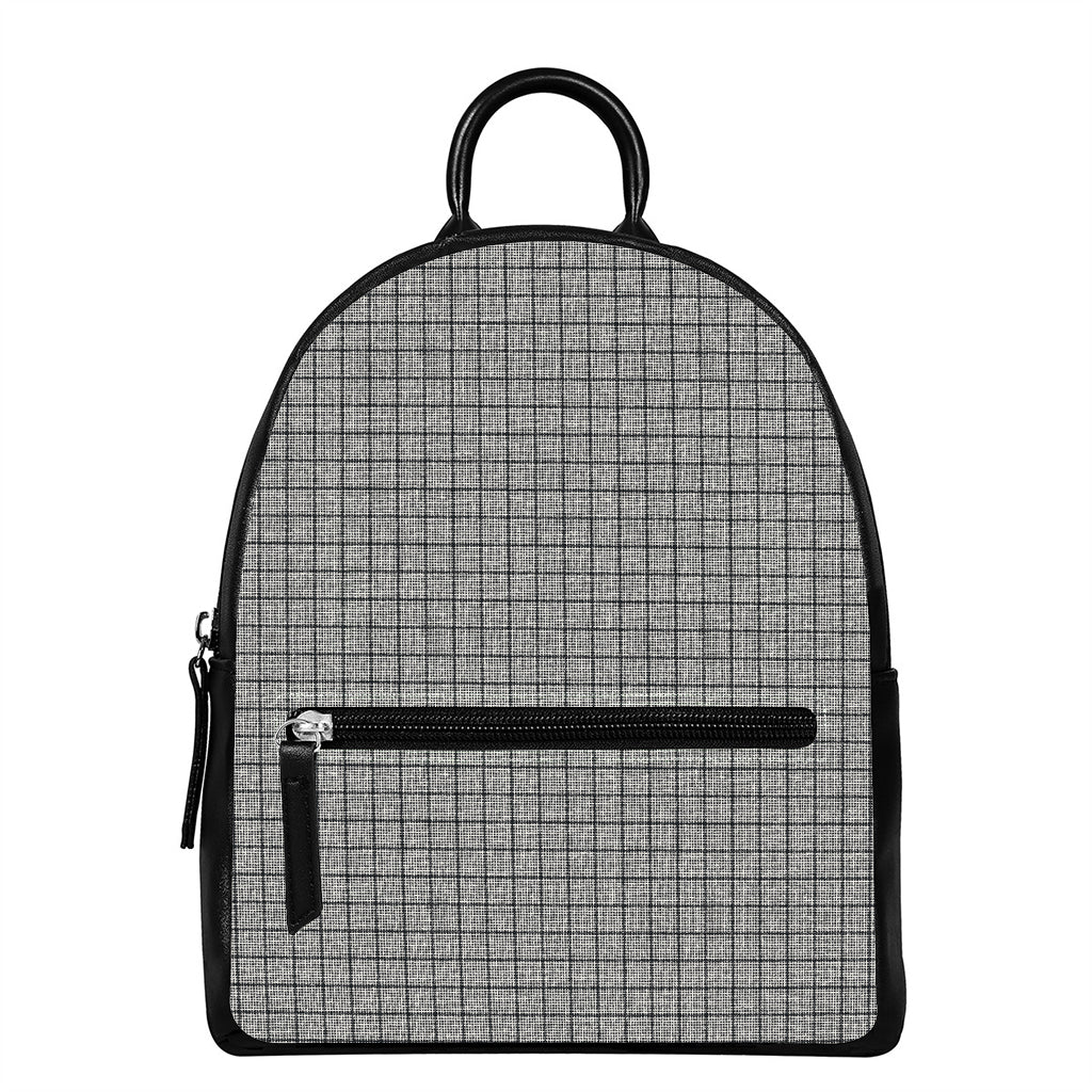 Grey Windowpane Pattern Print Leather Backpack