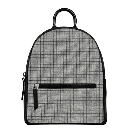 Grey Windowpane Pattern Print Leather Backpack