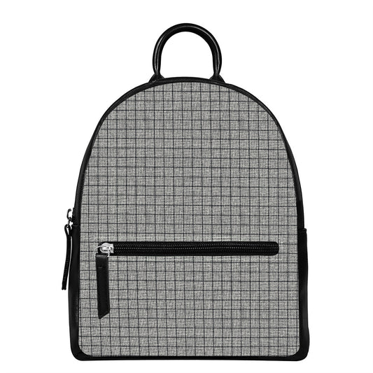 Grey Windowpane Pattern Print Leather Backpack