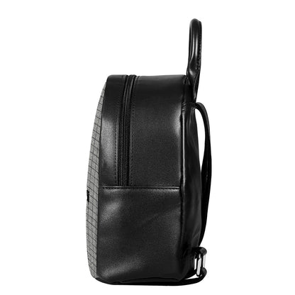Grey Windowpane Pattern Print Leather Backpack