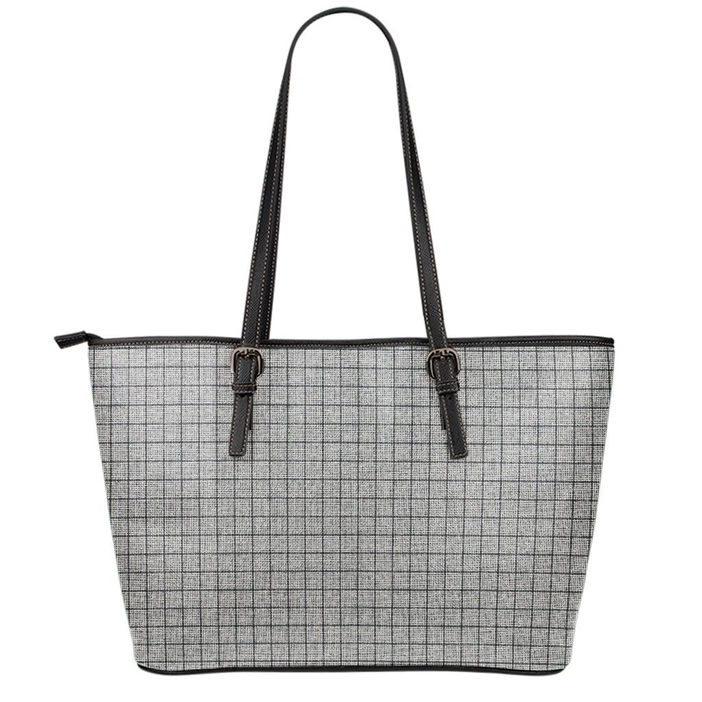 Grey Windowpane Pattern Print Leather Tote Bag