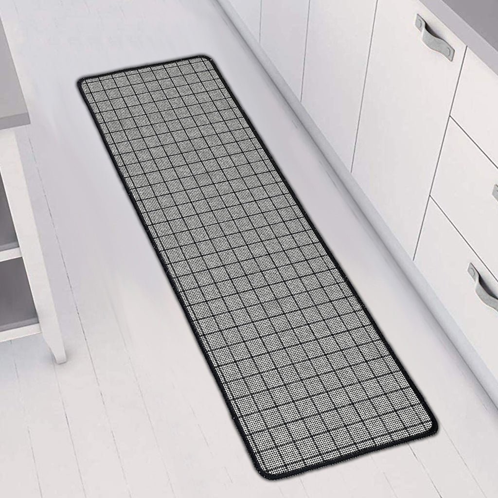 Grey Windowpane Pattern Print Long Kitchen Mat