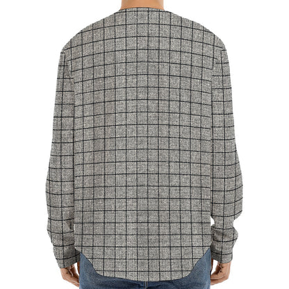 Grey Windowpane Pattern Print Long Sleeve Baseball Jersey
