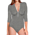 Grey Windowpane Pattern Print Long Sleeve Swimsuit