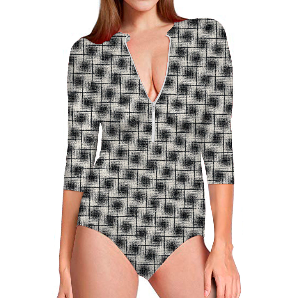Grey Windowpane Pattern Print Long Sleeve Swimsuit