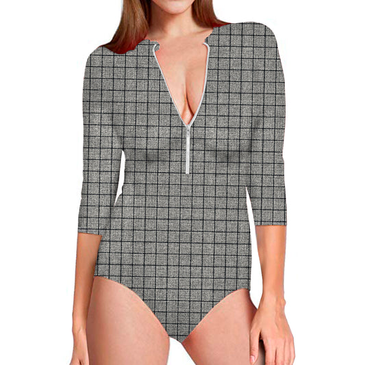 Grey Windowpane Pattern Print Long Sleeve Swimsuit