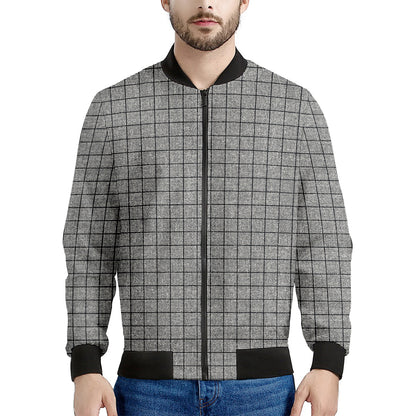 Grey Windowpane Pattern Print Men's Bomber Jacket