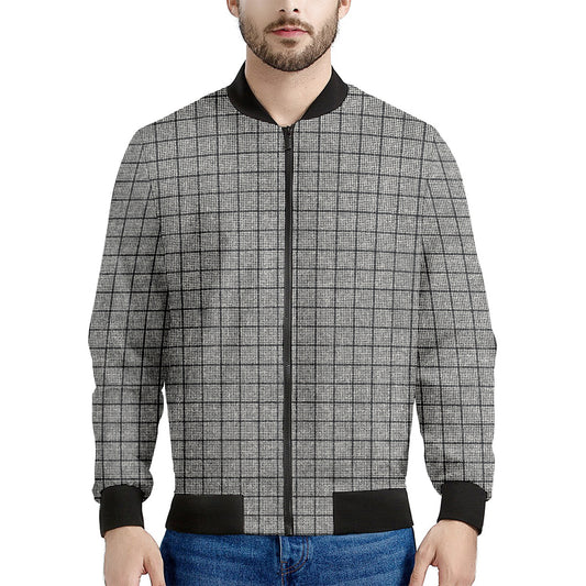 Grey Windowpane Pattern Print Men's Bomber Jacket