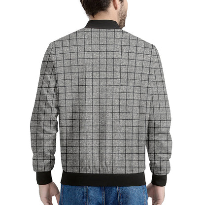 Grey Windowpane Pattern Print Men's Bomber Jacket