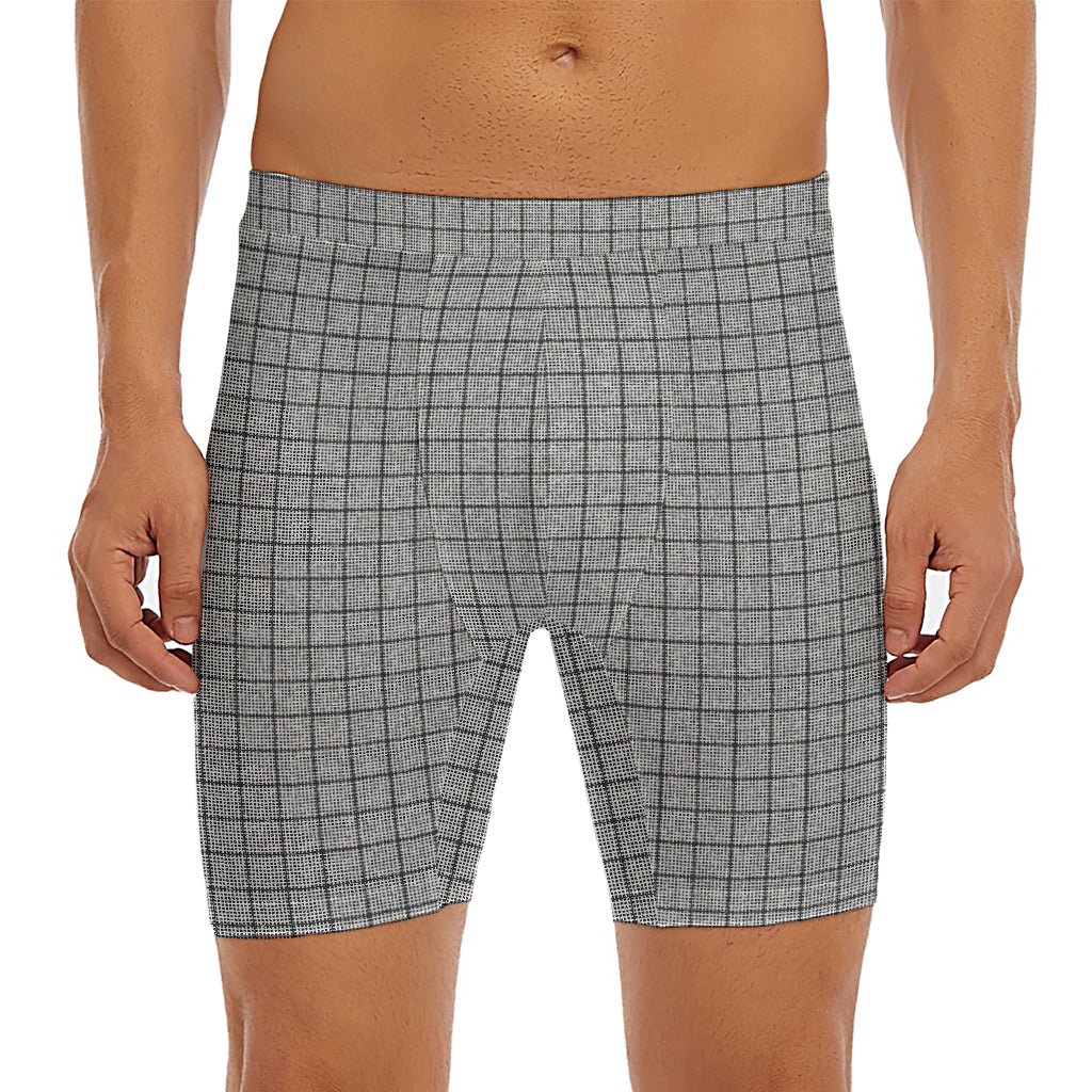 Grey Windowpane Pattern Print Men's Long Boxer Briefs