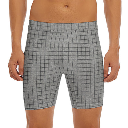 Grey Windowpane Pattern Print Men's Long Boxer Briefs